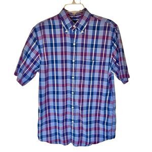 Lands End Traditional Fit Red Blue Plaid Short Sleeve Button Up Shirt Sz Small